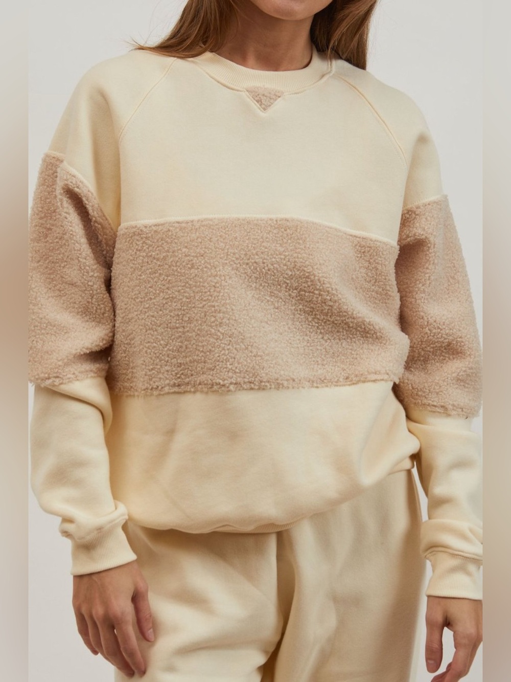 Donni XS Eco Fleece sherpa tri crewneck sweatshirt in cream